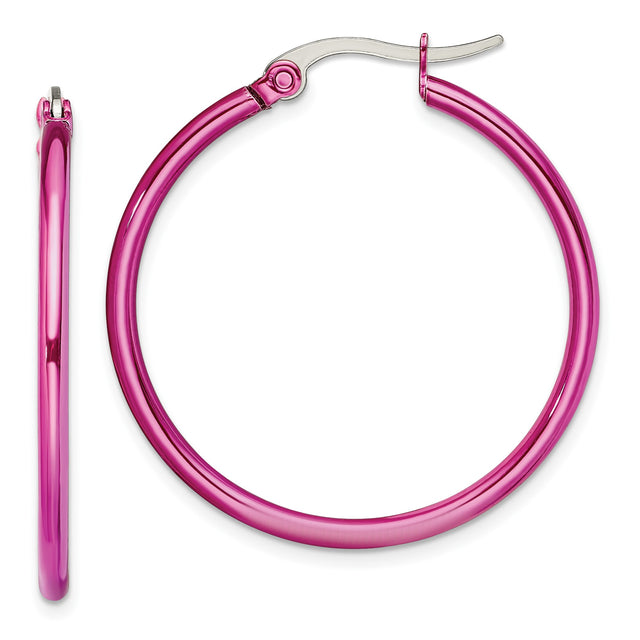 Stainless Steel Hoop Earrings, Vibrant Pink Metal, Polished Finish, Lightweight Minimalist Style