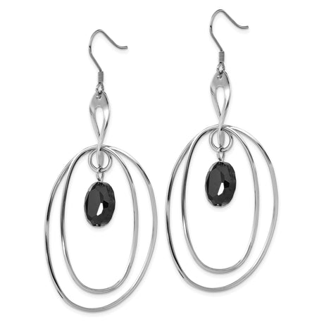 Stainless Steel Dangle Earrings with Black Glass Oval Stone and Layered Teardrop Loops