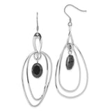 Stainless Steel Dangle Earrings with Black Glass Oval Stone and Layered Teardrop Loops