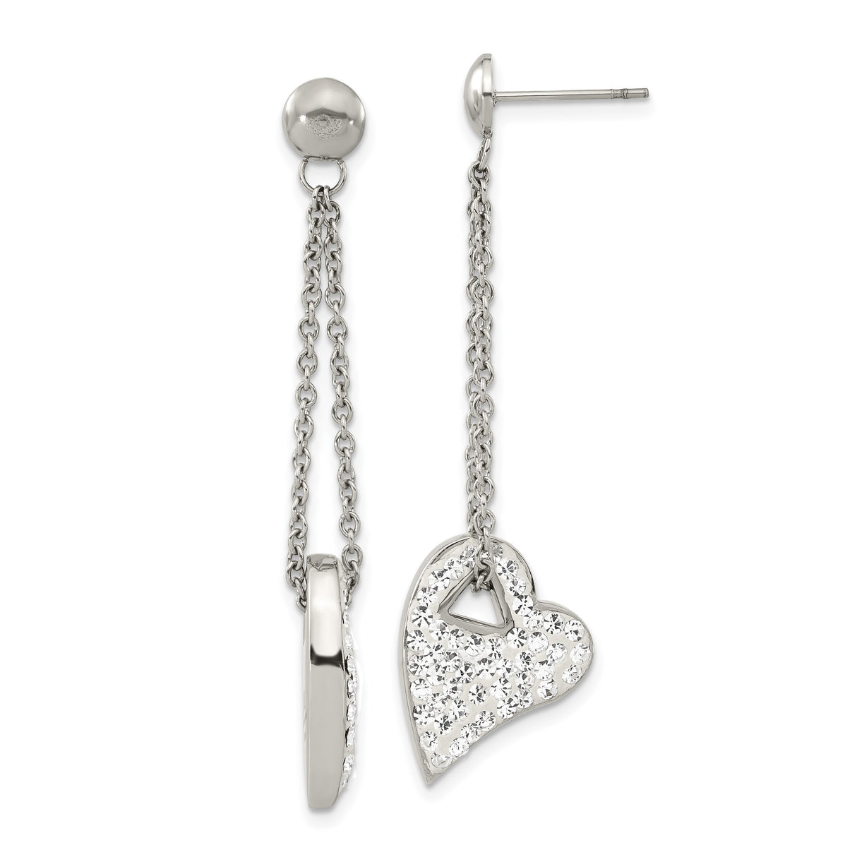 Stainless Steel Dangle Earrings with Crystal Open Heart Pendant, Asymmetrical Romantic Style