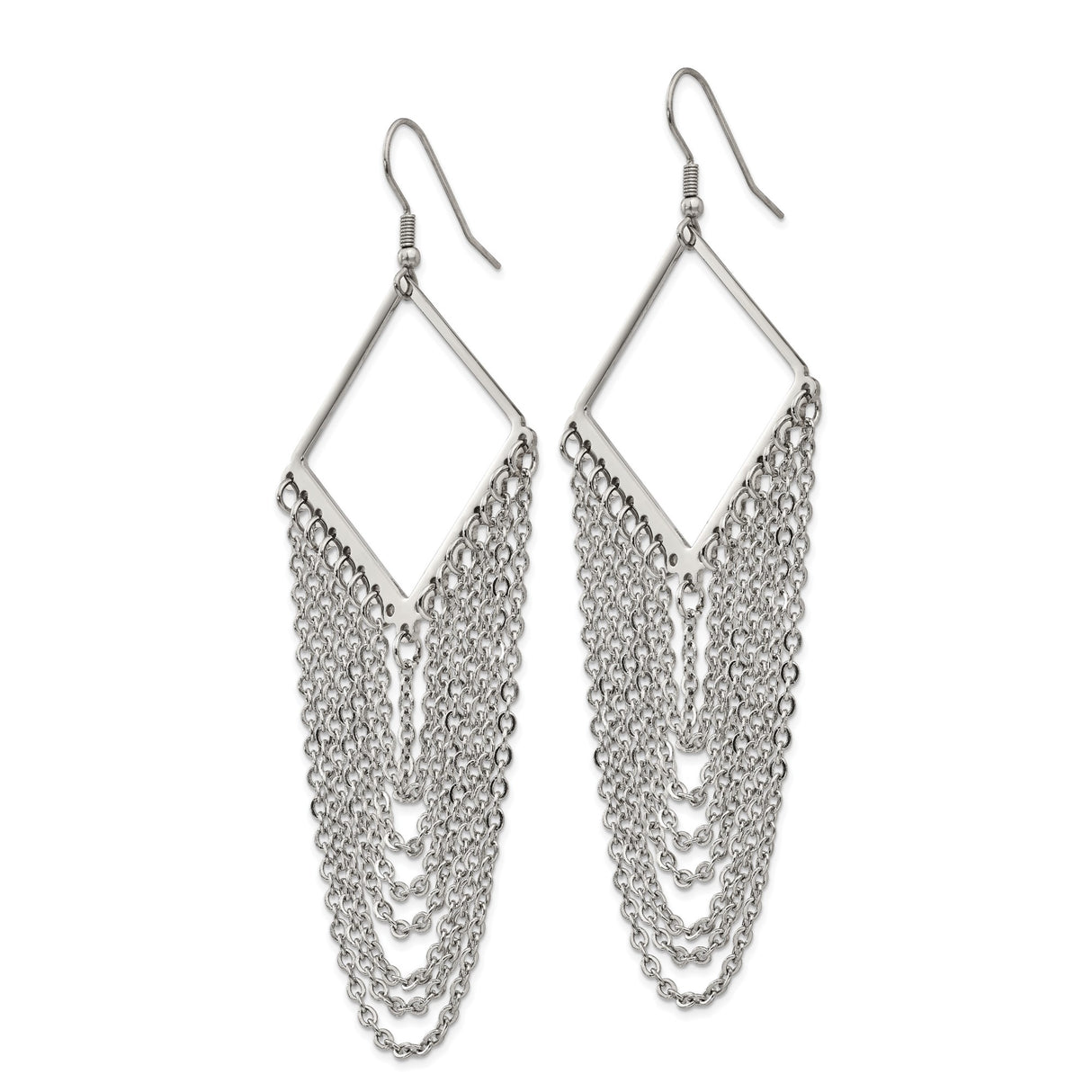 Stainless Steel Dangle Earrings with Long Geometric Diamond Frame and Chain Fringe Design