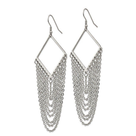 Stainless Steel Dangle Earrings with Long Geometric Diamond Frame and Chain Fringe Design