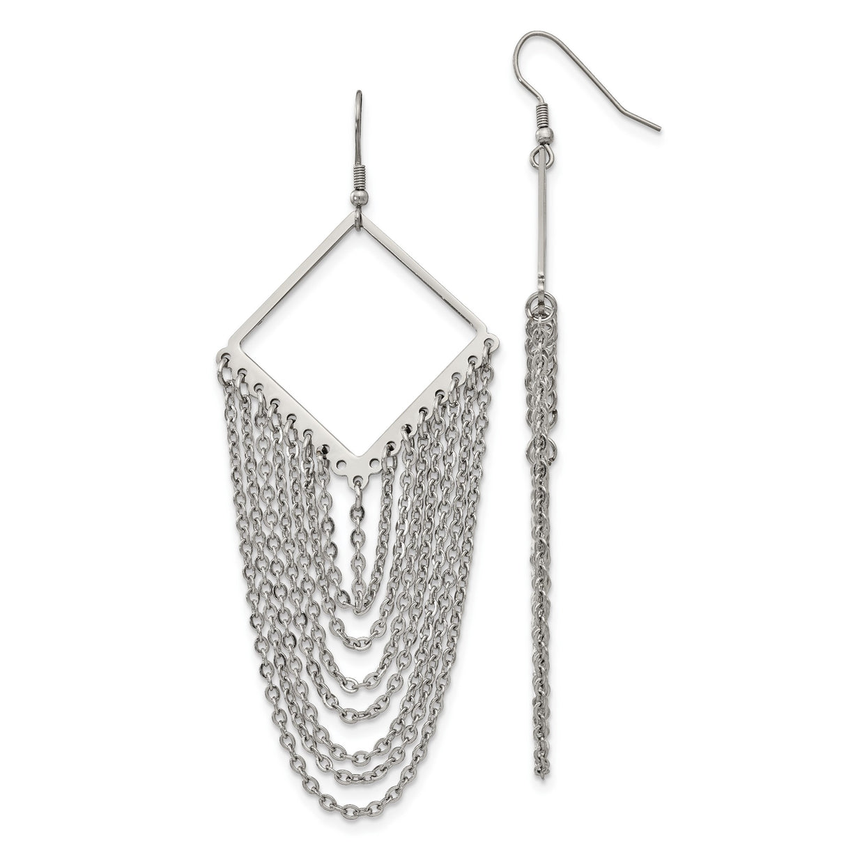 Stainless Steel Dangle Earrings with Long Geometric Diamond Frame and Chain Fringe Design