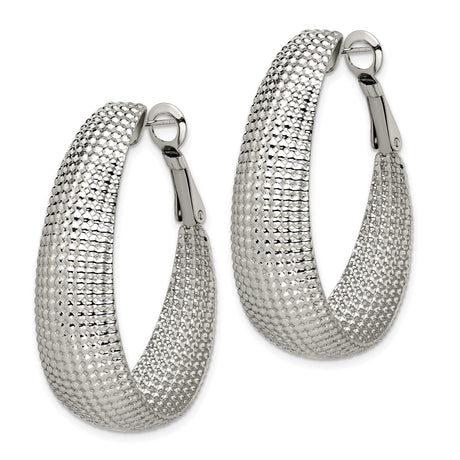 Stainless Steel Hoop Earrings with Textured Mesh Detail and High Polish Finish
