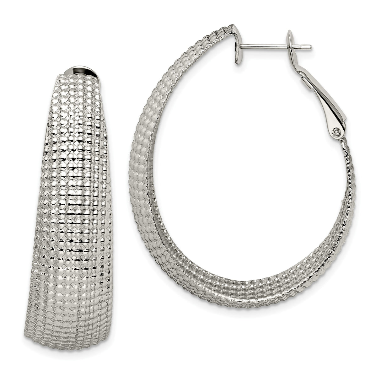 Stainless Steel Hoop Earrings with Textured Mesh Detail and High Polish Finish