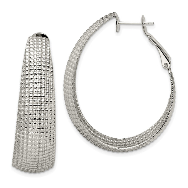 Stainless Steel Hoop Earrings with Textured Mesh Detail and High Polish Finish