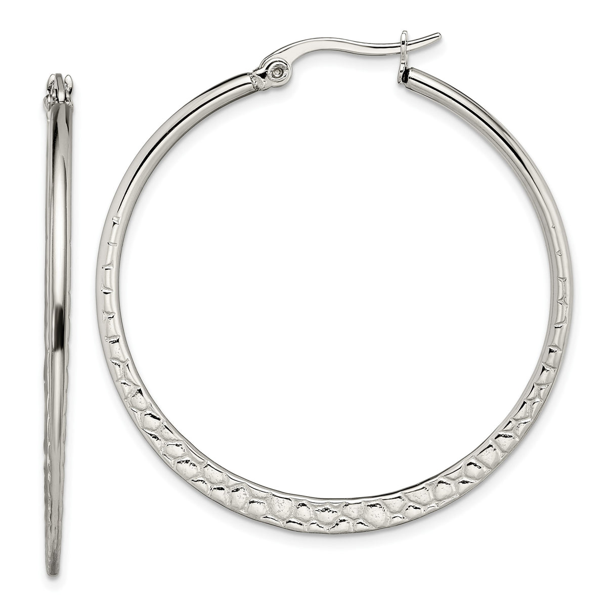 Stainless Steel Hoop Earrings with Hammered Texture and Polished Finish