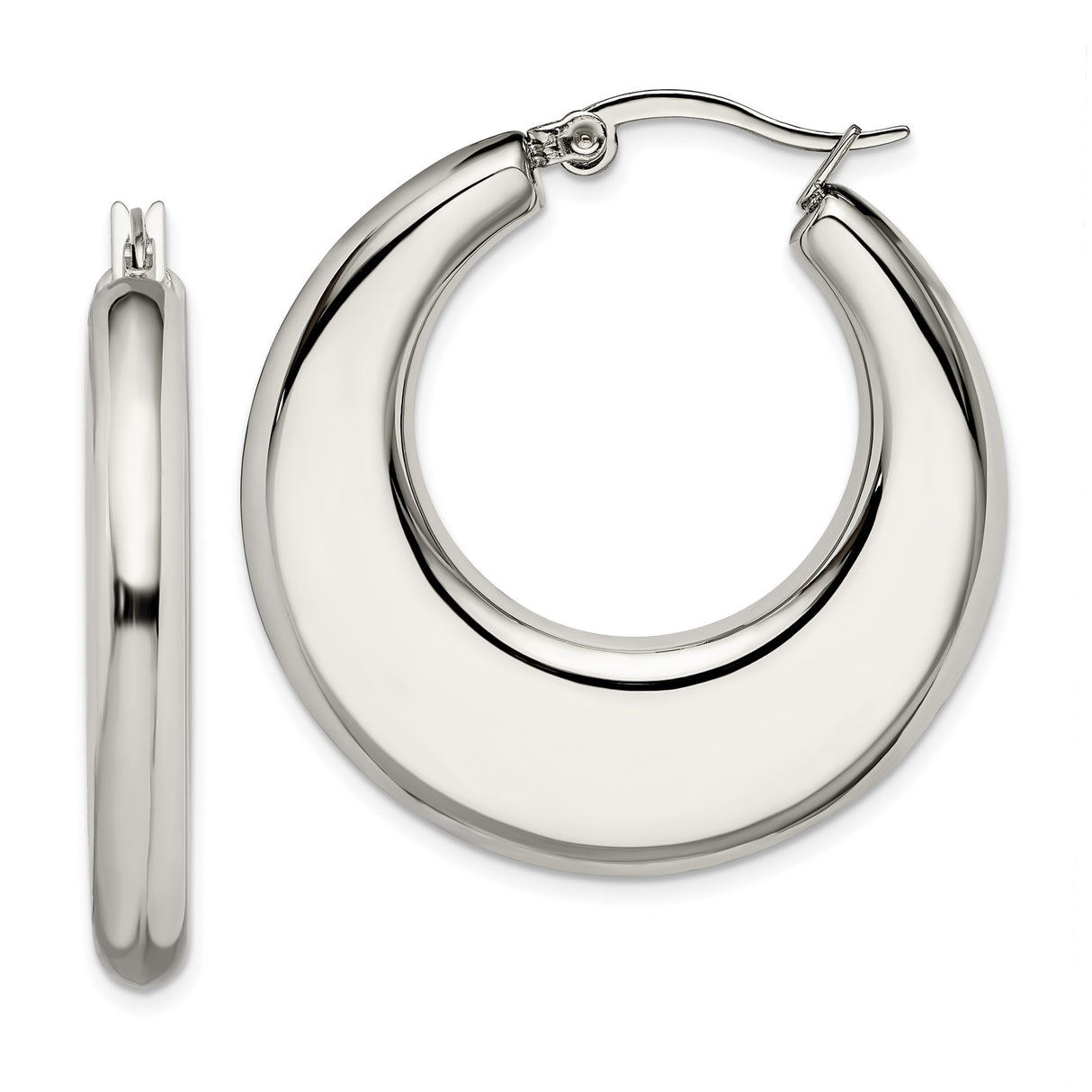 Stainless Steel Hoop Earrings, Wide Crescent Shape with High Polish Finish, Modern Minimalist Design