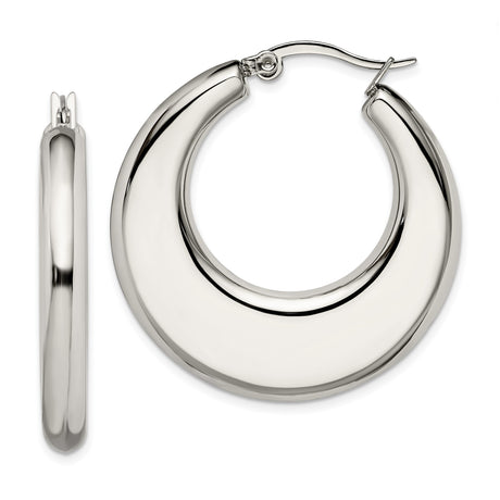 Stainless Steel Hoop Earrings, Wide Crescent Shape with High Polish Finish, Modern Minimalist Design