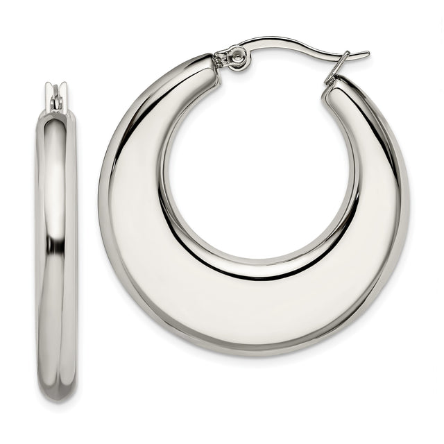 Stainless Steel Hoop Earrings, Wide Crescent Shape with High Polish Finish, Modern Minimalist Design