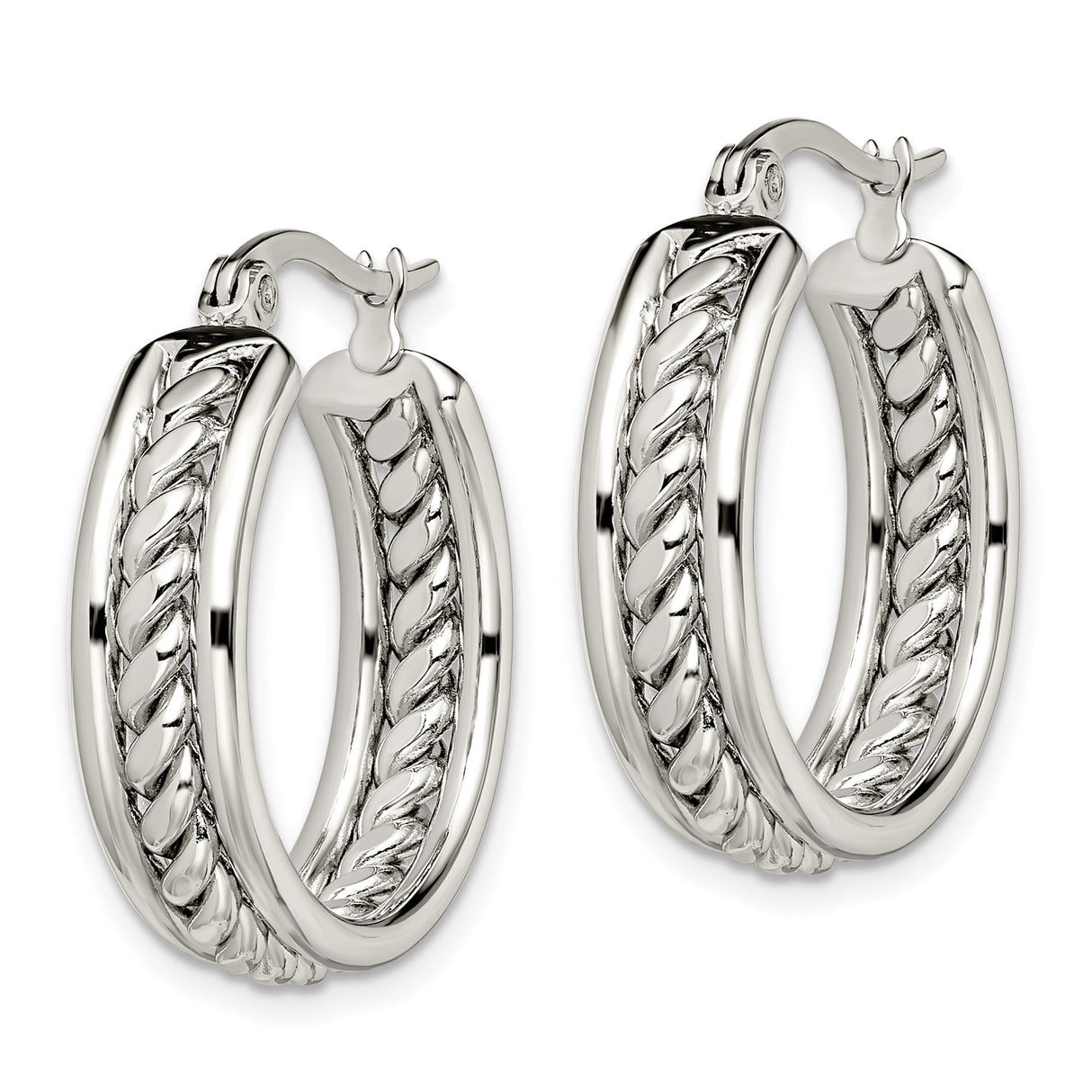 Stainless Steel Hoop Earrings with Braided Rope Design, Polished Finish, Medium Size