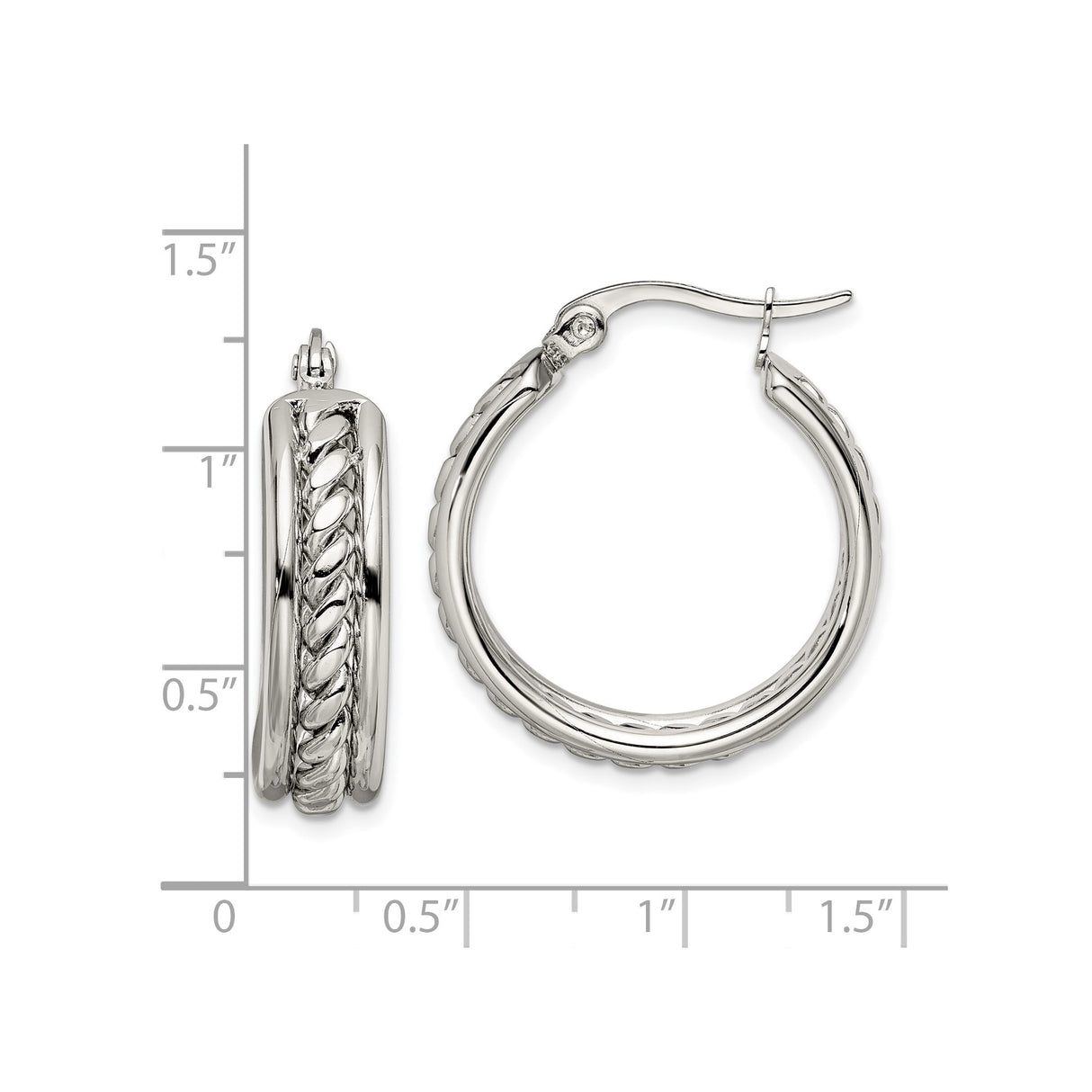 Stainless Steel Hoop Earrings with Braided Rope Design, Polished Finish, Medium Size