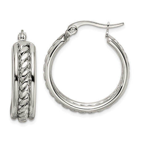 Stainless Steel Hoop Earrings with Braided Rope Design, Polished Finish, Medium Size