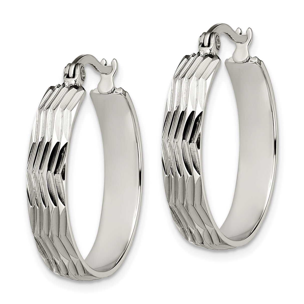 Stainless Steel Hoop Earrings, Textured Diamond Cut with Polished Finish, Lightweight Modern Style