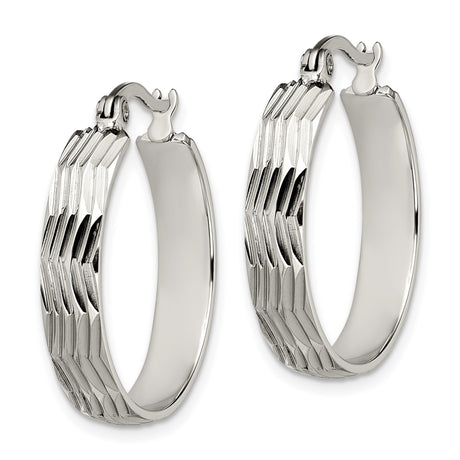 Stainless Steel Hoop Earrings, Textured Diamond Cut with Polished Finish, Lightweight Modern Style