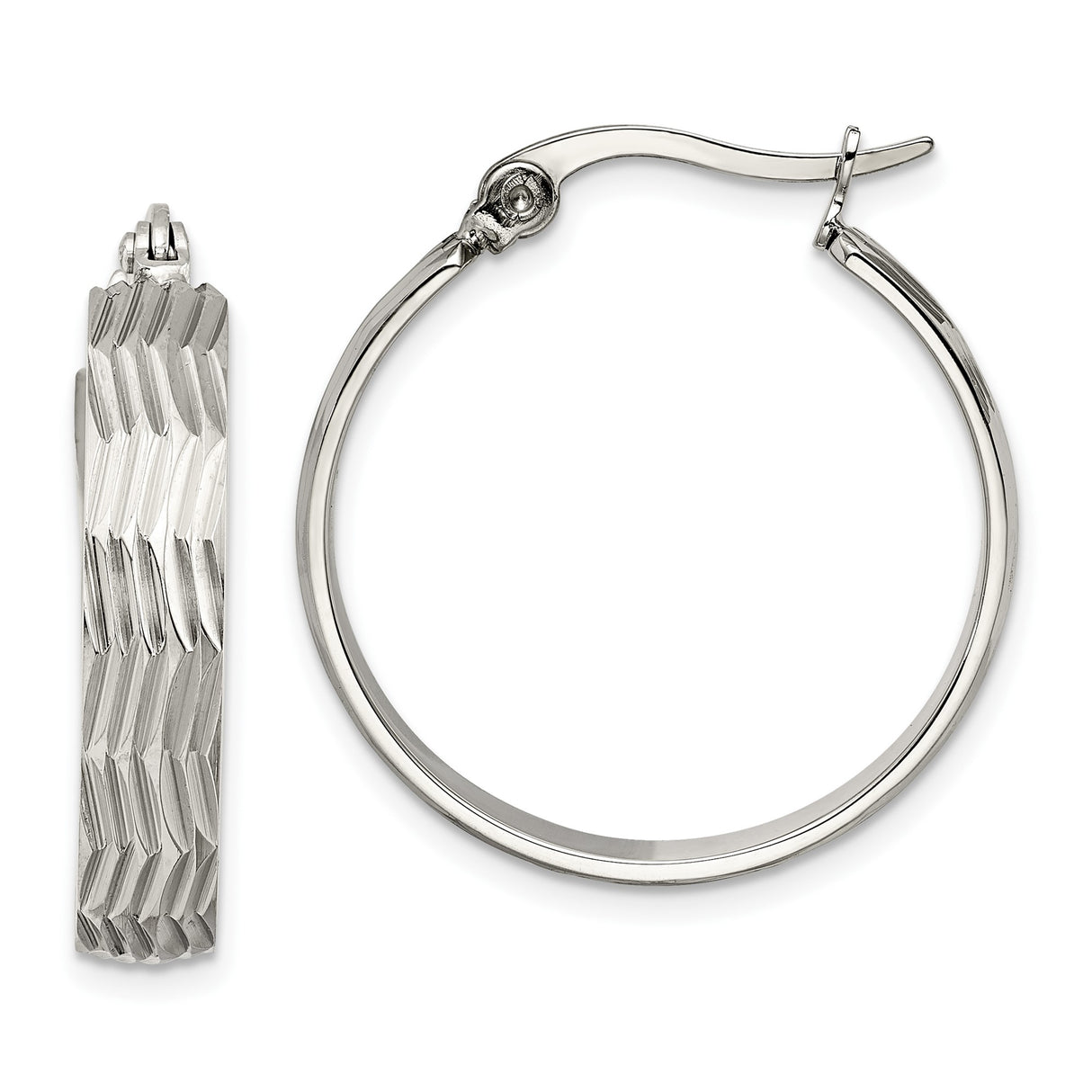 Stainless Steel Hoop Earrings, Textured Diamond Cut with Polished Finish, Lightweight Modern Style