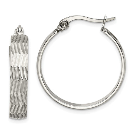 Stainless Steel Hoop Earrings, Textured Diamond Cut with Polished Finish, Lightweight Modern Style