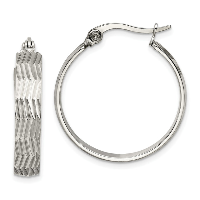 Stainless Steel Hoop Earrings, Textured Diamond Cut with Polished Finish, Lightweight Modern Style