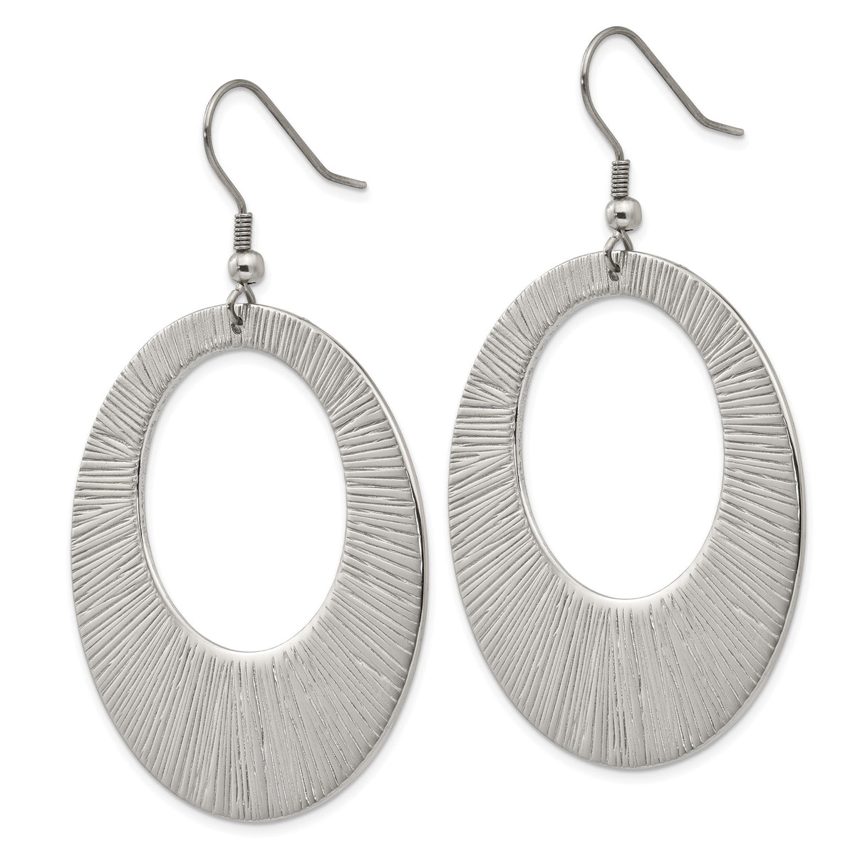 Stainless Steel Dangle Earrings, Large Open Circle with Etched Texture, Sunburst Design