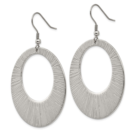 Stainless Steel Dangle Earrings, Large Open Circle with Etched Texture, Sunburst Design