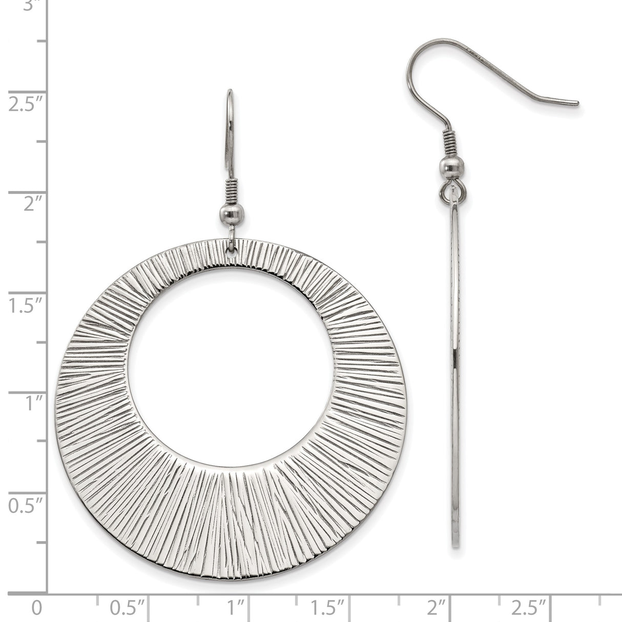Stainless Steel Dangle Earrings, Large Open Circle with Etched Texture, Sunburst Design