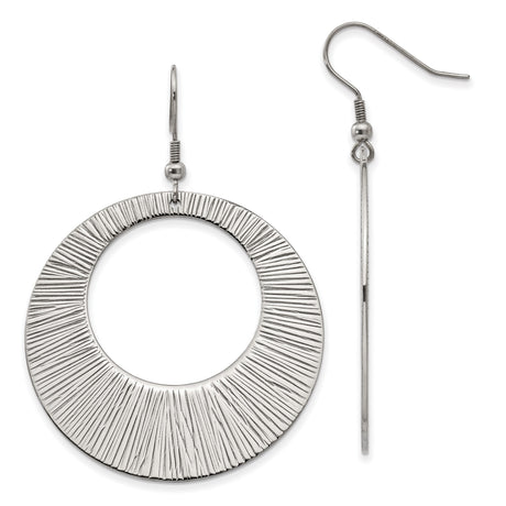 Stainless Steel Dangle Earrings, Large Open Circle with Etched Texture, Sunburst Design