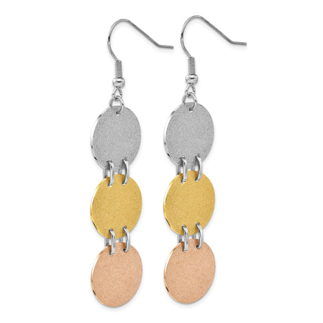 Stainless Steel Dangle Earrings with Tri-Color Textured Discs, Modern Minimalist Drop Style