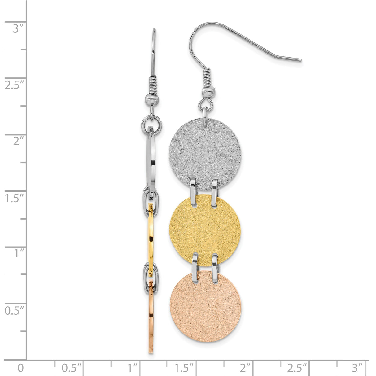 Stainless Steel Dangle Earrings with Tri-Color Textured Discs, Modern Minimalist Drop Style