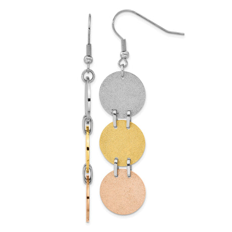 Stainless Steel Dangle Earrings with Tri-Color Textured Discs, Modern Minimalist Drop Style