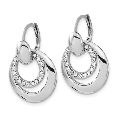 Stainless Steel Hoop Drop Earrings with Cubic Zirconia, Double Circle Design, Leverback Closure