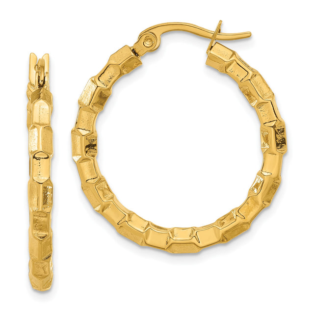 Stainless Steel Hoop Earrings, Gold Tone Bamboo Texture, Chunky Geometric Style for Women