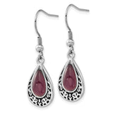 Stainless Steel Dangle Earrings with Purple Cat Eye, Scrollwork, Vintage Boho Gothic Style