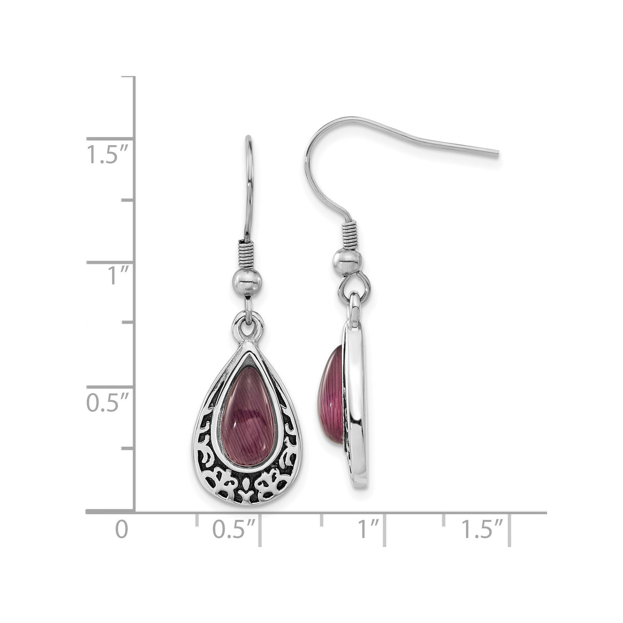 Stainless Steel Dangle Earrings with Purple Cat Eye, Scrollwork, Vintage Boho Gothic Style