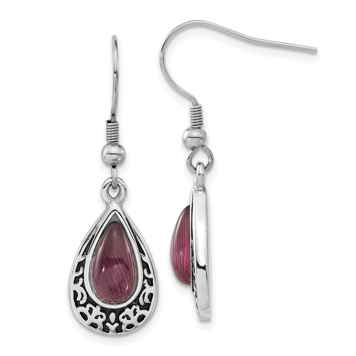 Stainless Steel Dangle Earrings with Purple Cat Eye, Scrollwork, Vintage Boho Gothic Style