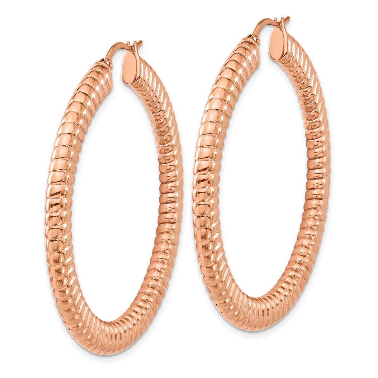 Stainless Steel Hoop Earrings, Rose Gold-Tone Coiled Ribbed Design, Bold Hollow Style for Women