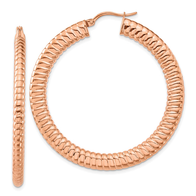 Stainless Steel Hoop Earrings, Rose Gold-Tone Coiled Ribbed Design, Bold Hollow Style for Women