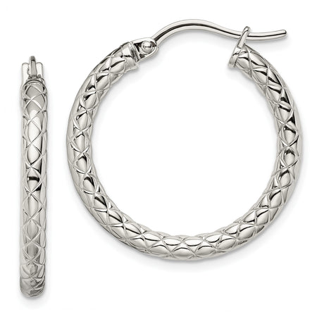 316 Stainless Steel Hoop Earrings, Diamond Cut Textured Round Hoops with Mirror Finish