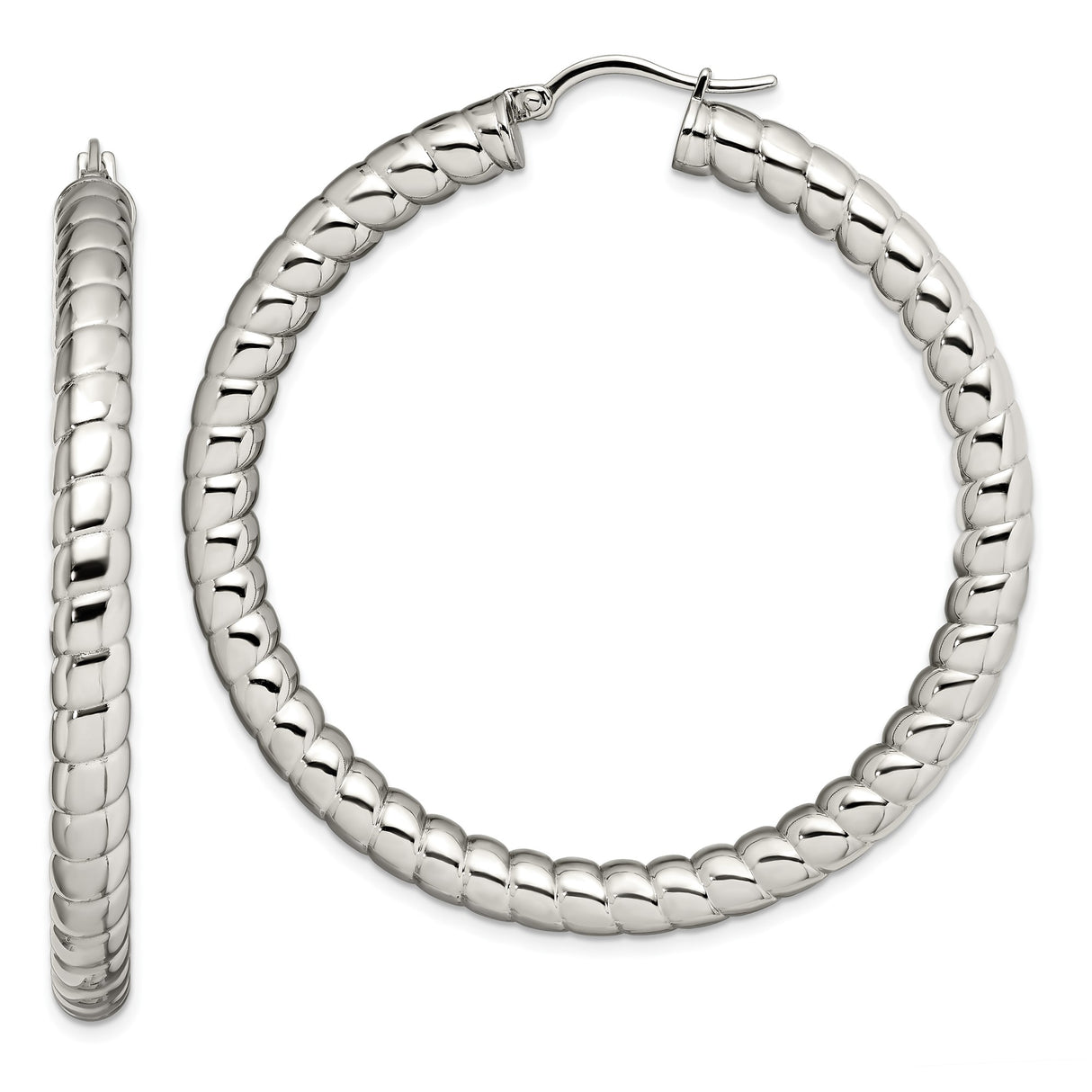 Stainless Steel Hoop Earrings with Polished Ribbed Design, Modern Textured Style for Women