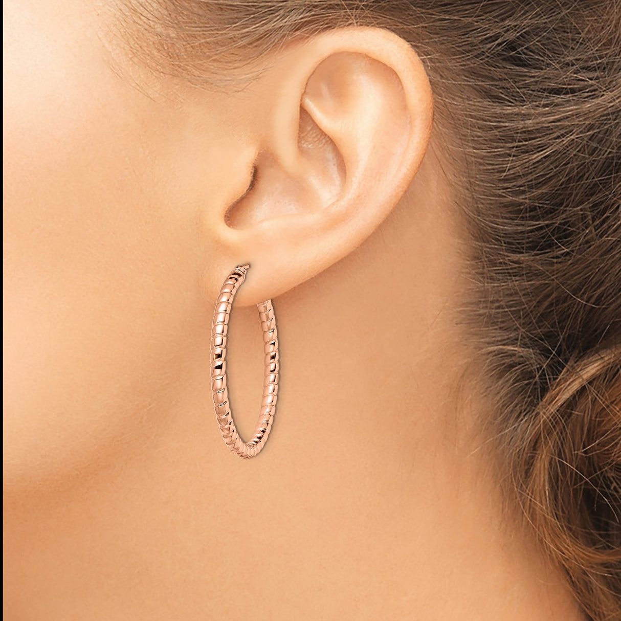 Stainless Steel Hoop Earrings, Rose Gold Tone Twisted Ribbed, Lightweight Modern Style