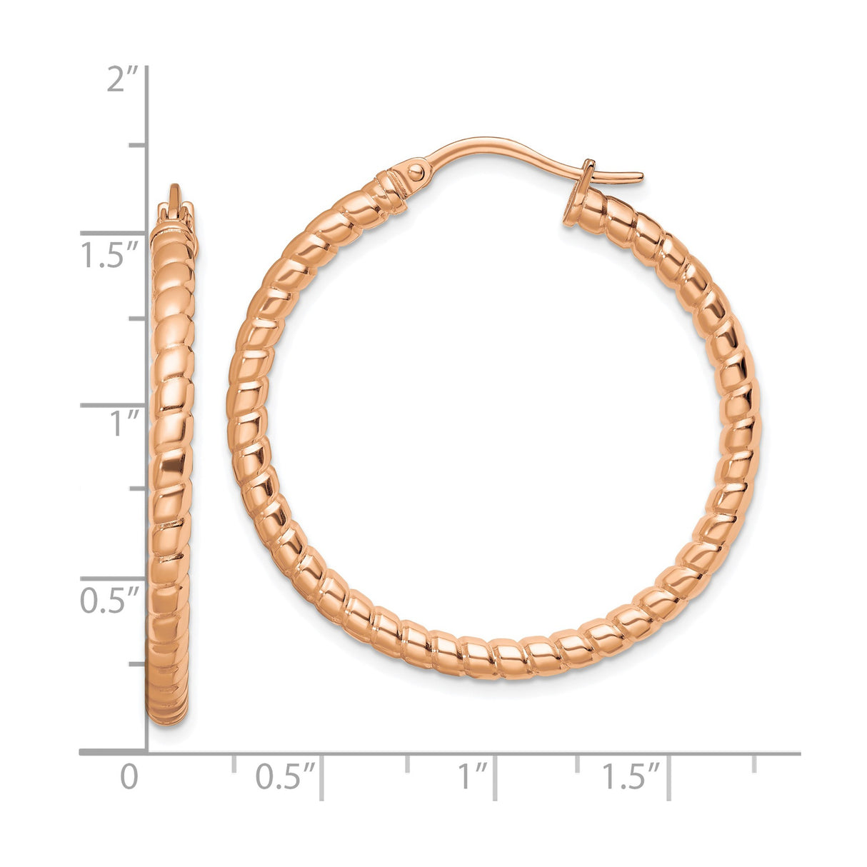 Stainless Steel Hoop Earrings, Rose Gold Tone Twisted Ribbed, Lightweight Modern Style
