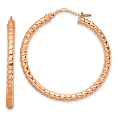 Stainless Steel Hoop Earrings, Rose Gold Tone Twisted Ribbed, Lightweight Modern Style