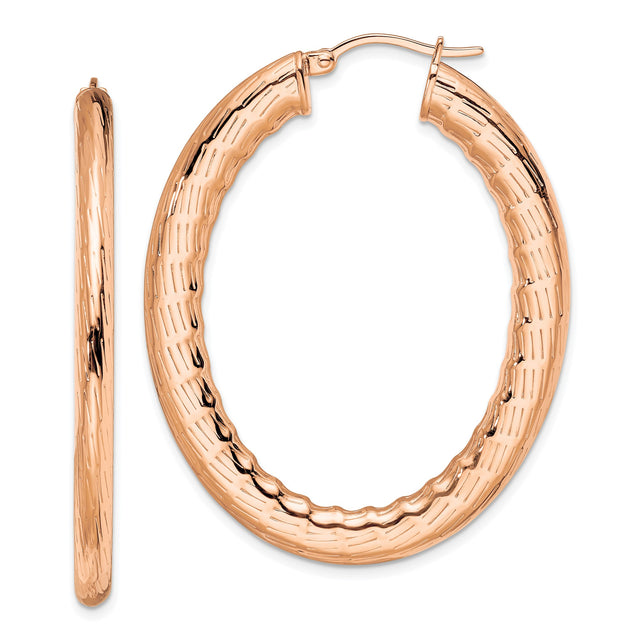 Stainless Steel Hoop Earrings, Large Oval Rose Gold Tone with Hammered Texture for Women