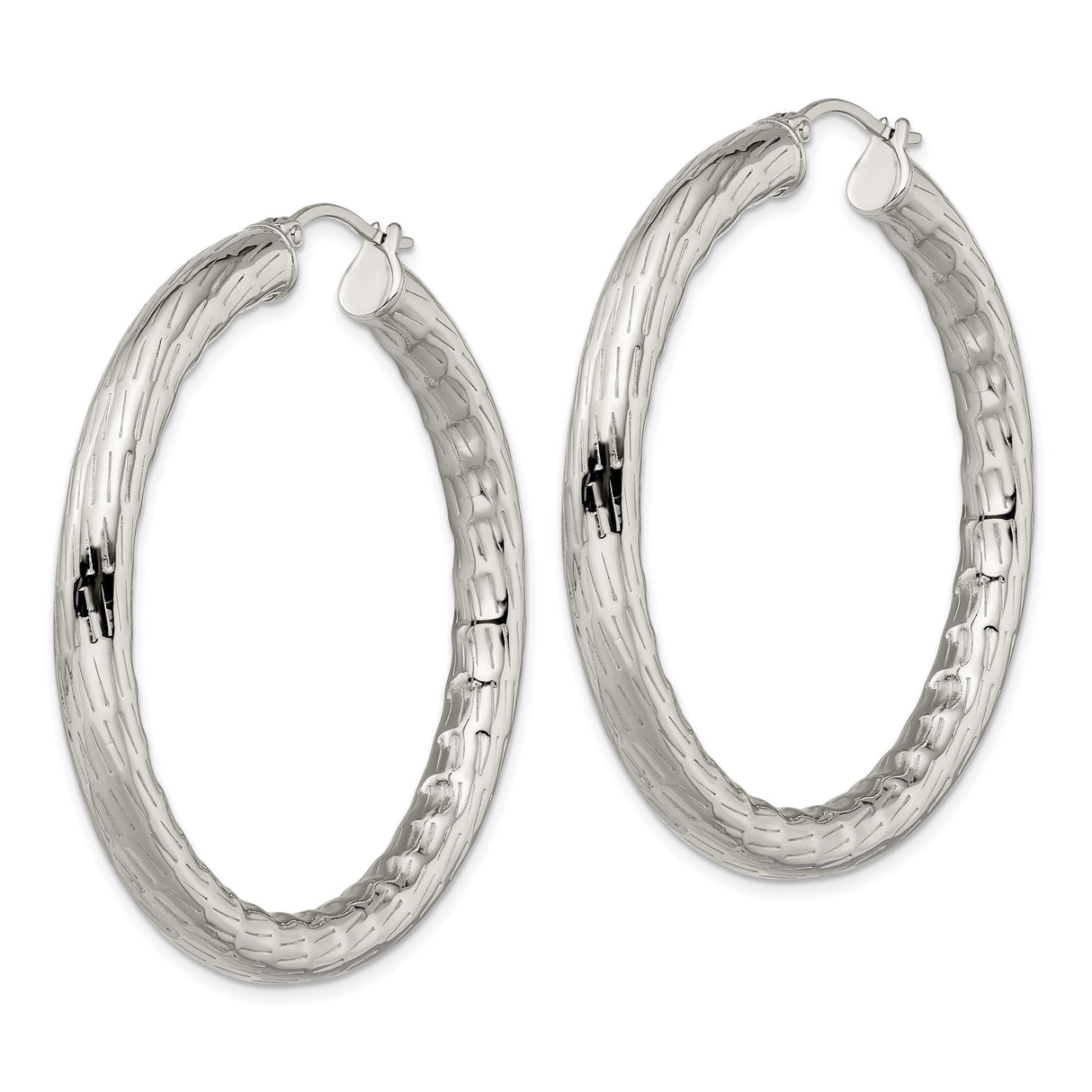 Stainless Steel Hoop Earrings with Etched Circular Design, Hypoallergenic Lightweight Style