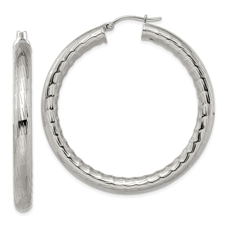 Stainless Steel Hoop Earrings with Etched Circular Design, Hypoallergenic Lightweight Style