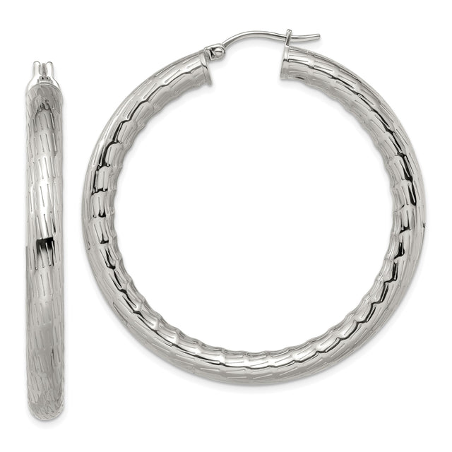 Stainless Steel Hoop Earrings with Etched Circular Design, Hypoallergenic Lightweight Style
