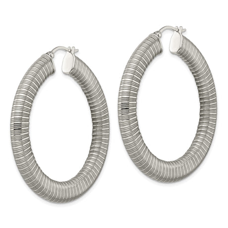 Stainless Steel Hoop Earrings, Ribbed High-Polish Textured Design, Large Round Statement Style
