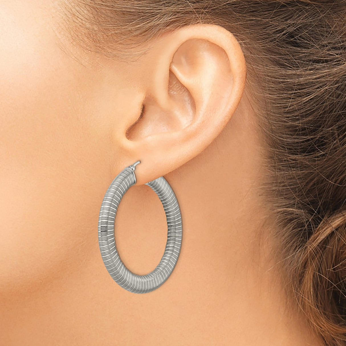 Stainless Steel Hoop Earrings, Ribbed High-Polish Textured Design, Large Round Statement Style