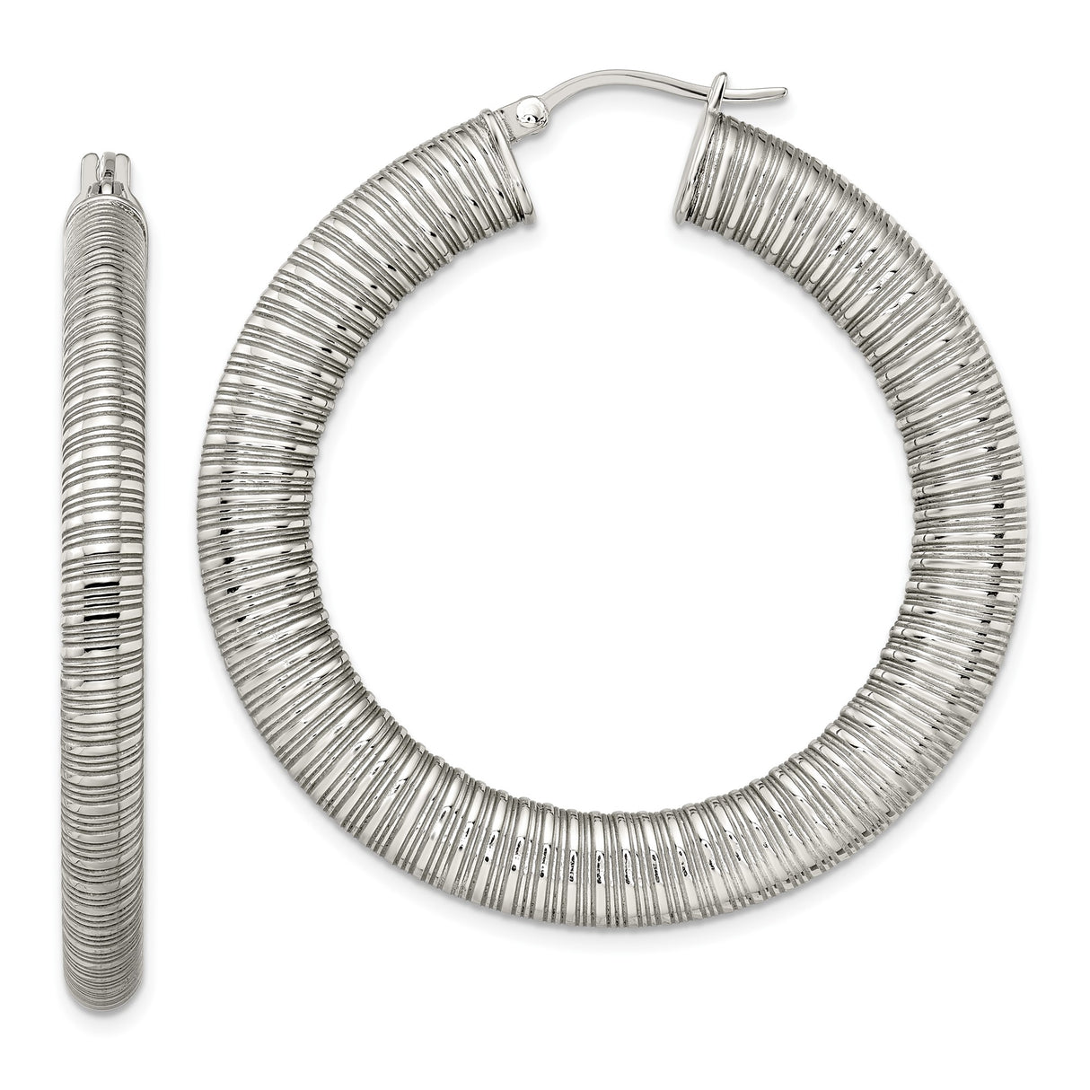 Stainless Steel Hoop Earrings, Ribbed High-Polish Textured Design, Large Round Statement Style