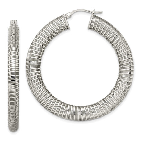 Stainless Steel Hoop Earrings, Ribbed High-Polish Textured Design, Large Round Statement Style