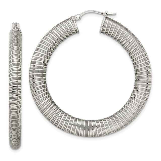 Stainless Steel Hoop Earrings, Ribbed High-Polish Textured Design, Large Round Statement Style